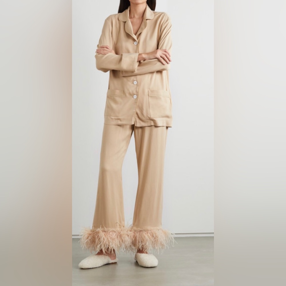 Beige SLEEPER pajama feather trimmed pants. Sz Large. BRAND NEW w tags attach.